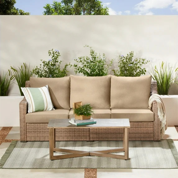 Better Homes & Gardens Hawthorne Park Outdoor Sofa and Coffee Table with Beige Cushions | Walmart (US)