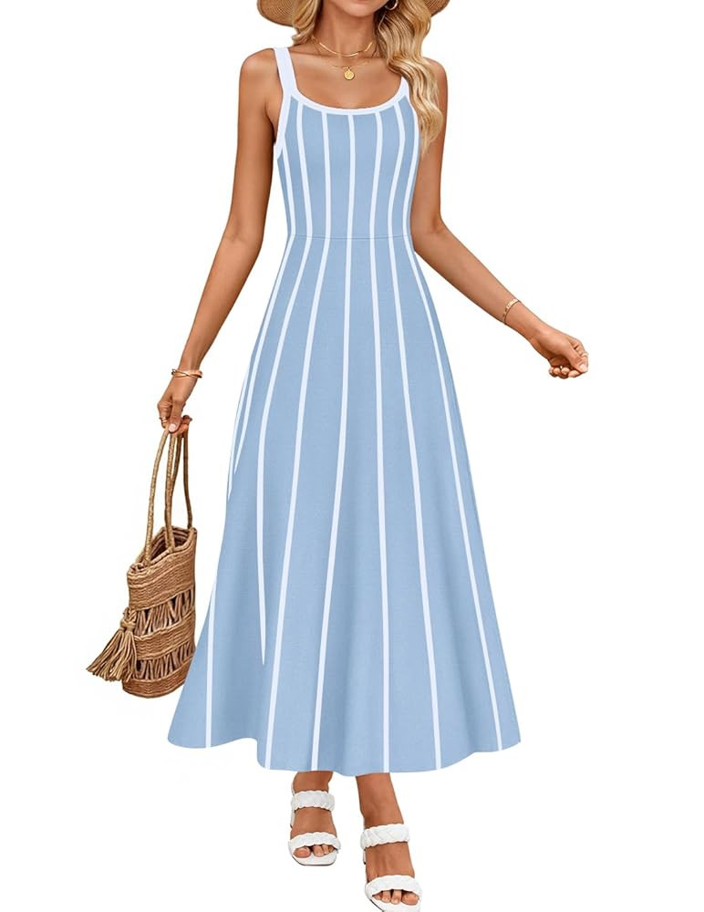 ZESICA Womens 2025 Summer Sleeveless Striped Midi Dresses Casual A Line Swing Knit Long Dress Bea... | Amazon (US)