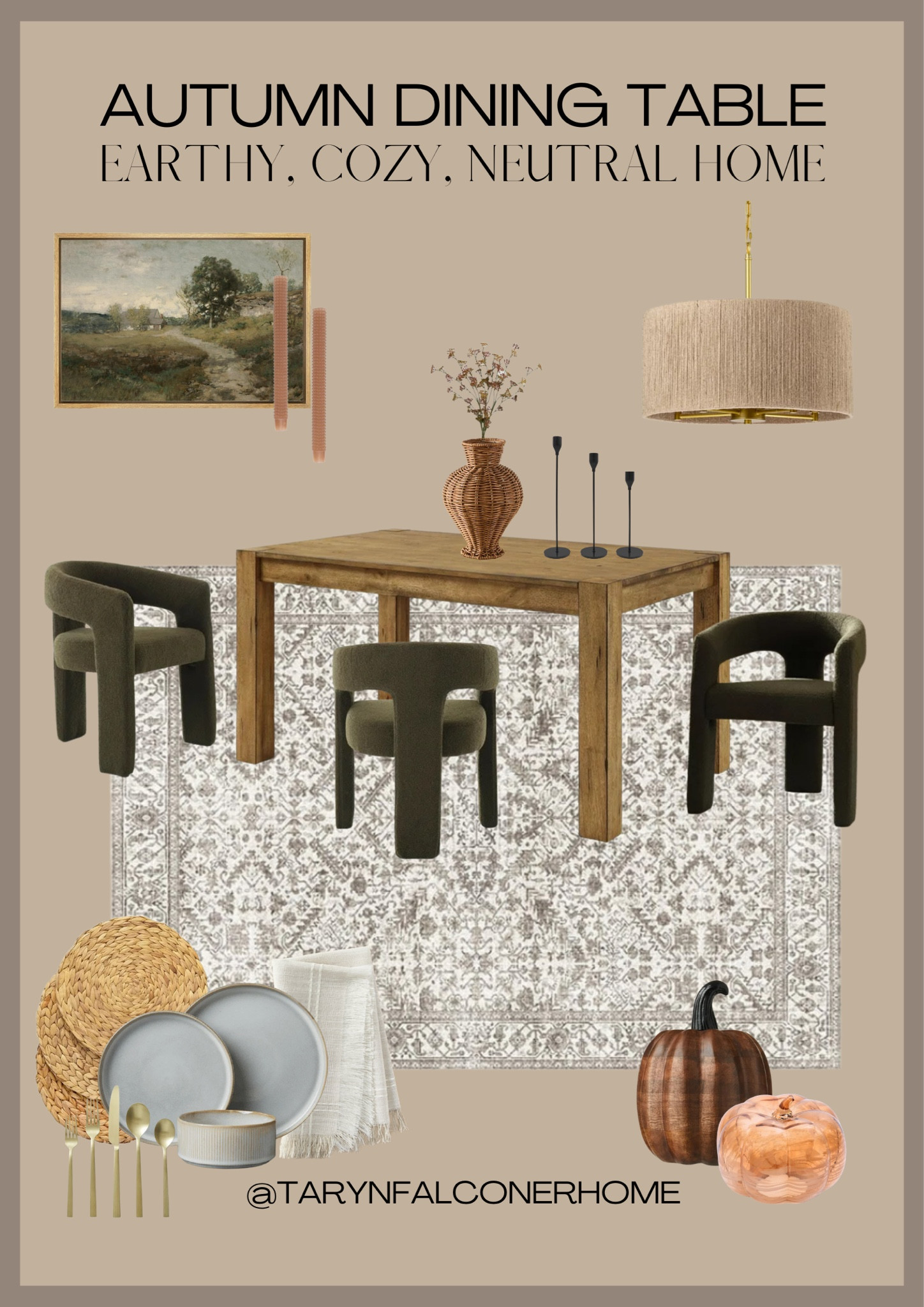 Shop this autumn dining table!

#dining #artwork #diningtable #diningchairs #arearug #dishware #napkins #chargers #pumpkins #tapercandles #goldutensils 

#LTKautumn #LTKcasa

#LTKHome #LTKSeasonal #LTKStyleTip