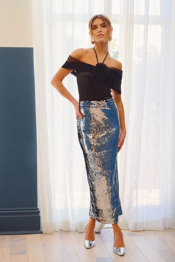 Dazzling Appearance Silver Sequin High Rise Midi Skirt | Lulus (US)