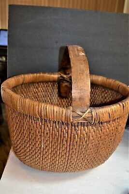 PRIMITIVE Willow Rice BASKET Antique Hand Woven Chinese w Wooden Handle Straw  | eBay | eBay US
