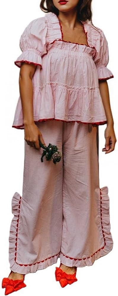 Seyumixi Vintage Christmas Pajamas Women Ruffle Short Sleeve Babydoll Top and Pants 2 Piece Cute ... | Amazon (US)