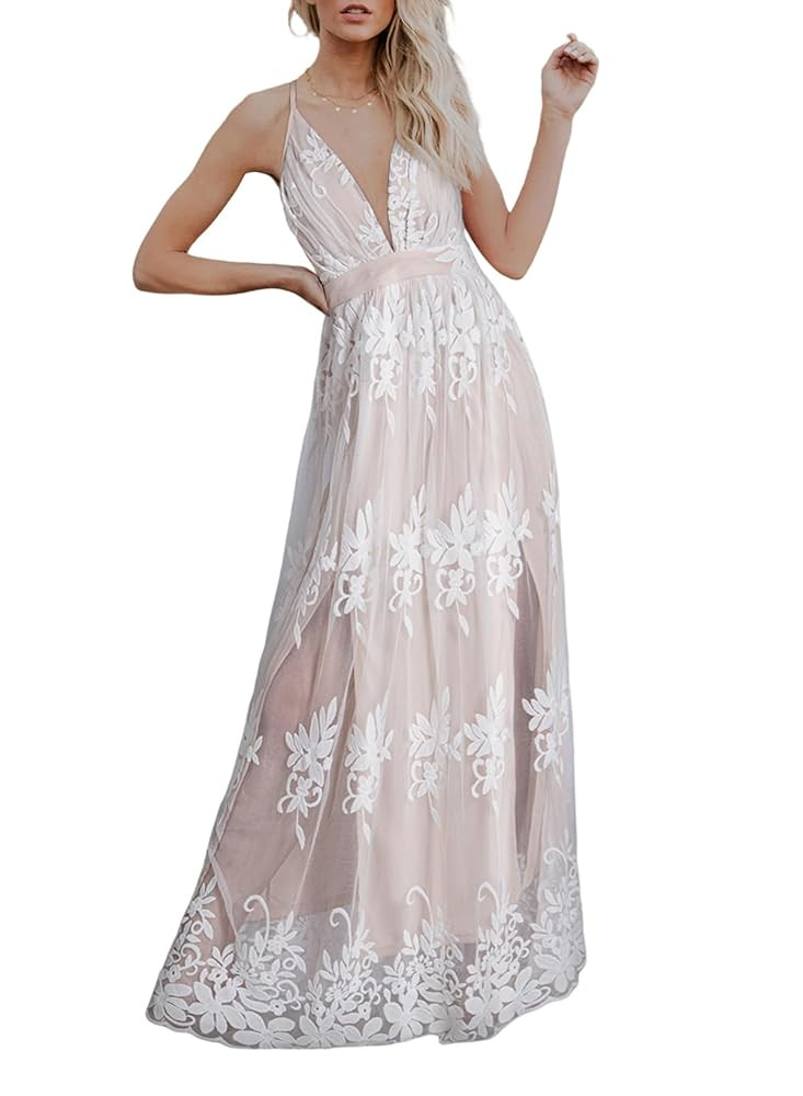 Dokotoo Womens Formal Dresses Deep V-Neck Embroidered Lace Mesh Evening Party Prom Dress Long Wed... | Amazon (US)