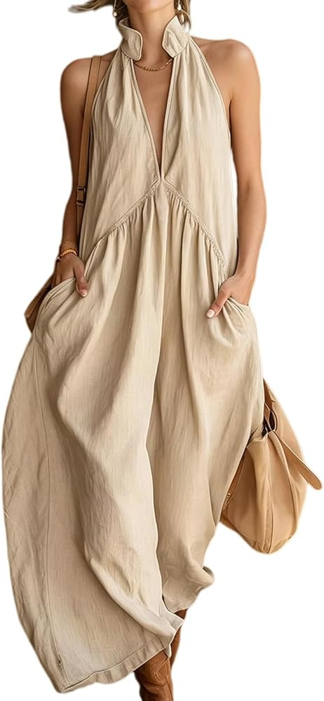 Minimalist Halter Neck Maxi Dress, 2027 New Casual Loose Fit Summer Dress with Pockets for Women | Amazon (US)