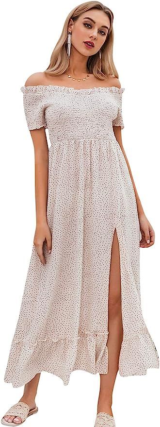 Miessial Women's Polka Dot Off Shoulder Long Dress Cute Summer Split Maxi Dress | Amazon (US)