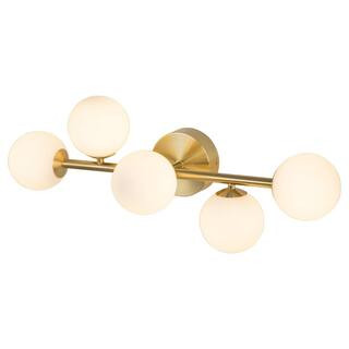 C Cattleya 27.25 in. 5-Lights Gold LED Vanity Light with Opal Glass Shades | The Home Depot