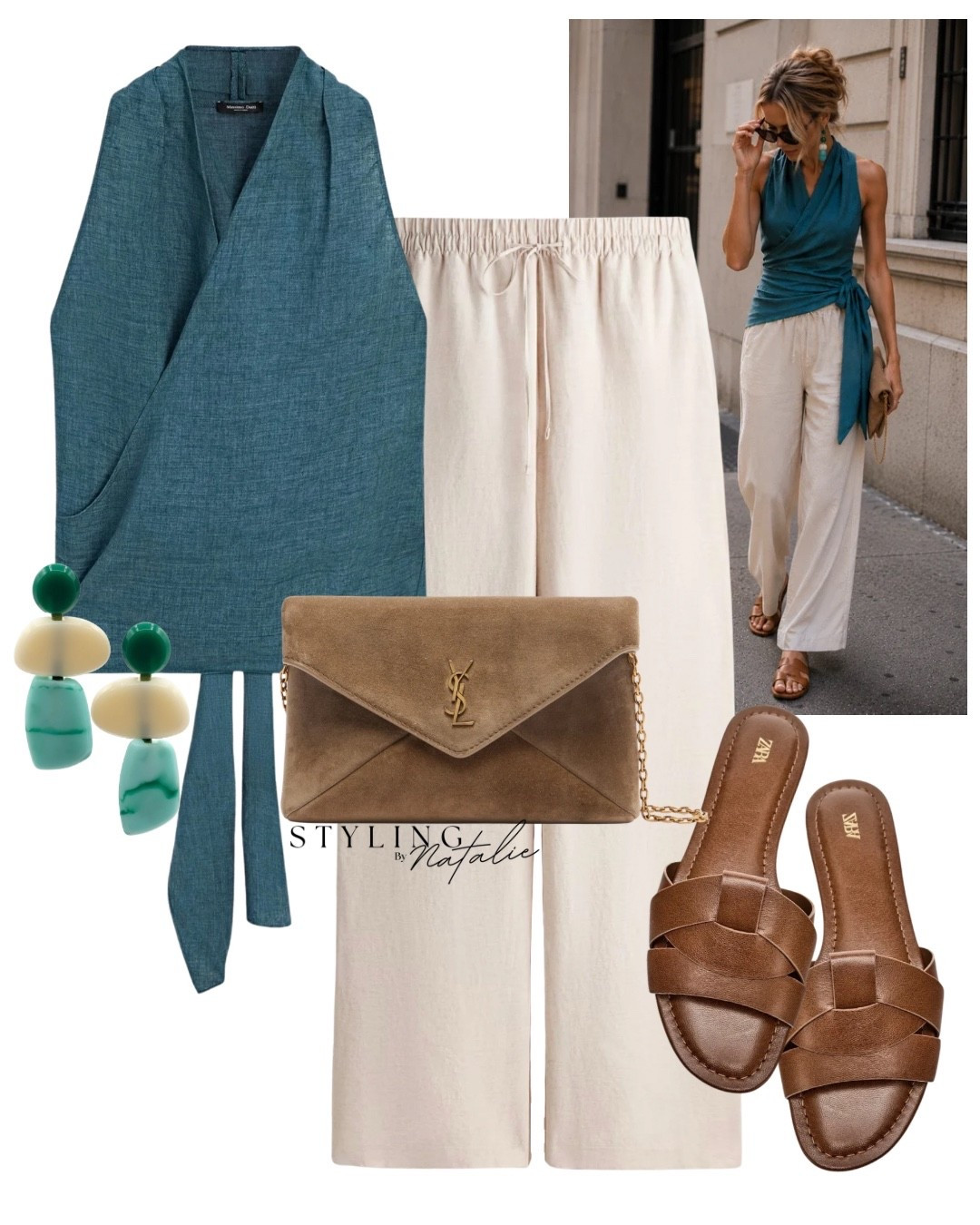 Linen outfit for the weekend heatwave ☀️ teal linen wrap top, pull on linen trousers, suede YSL clutch bag, tan sandals and beaded earrings. 
Bank holiday outfit, weekend look, evening outfit, vacation style, Massimo Dutti, chic, date night look, summer style.

#LTKsummer #LTKeurope #LTKdatenight