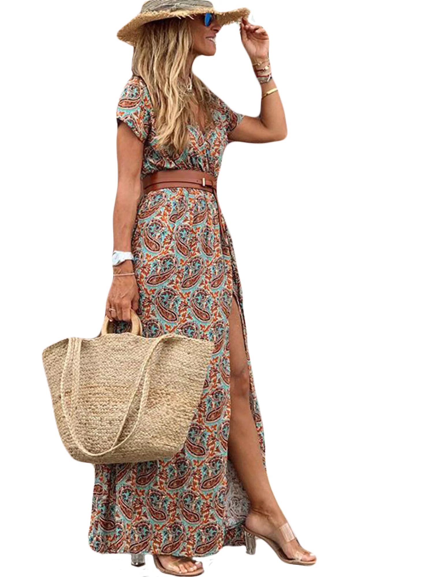 Short Sleeve Belt Beach Floral Print Long Maxi Dresses for Women Sleeveless Summer Ladies Boho Be... | Walmart (US)