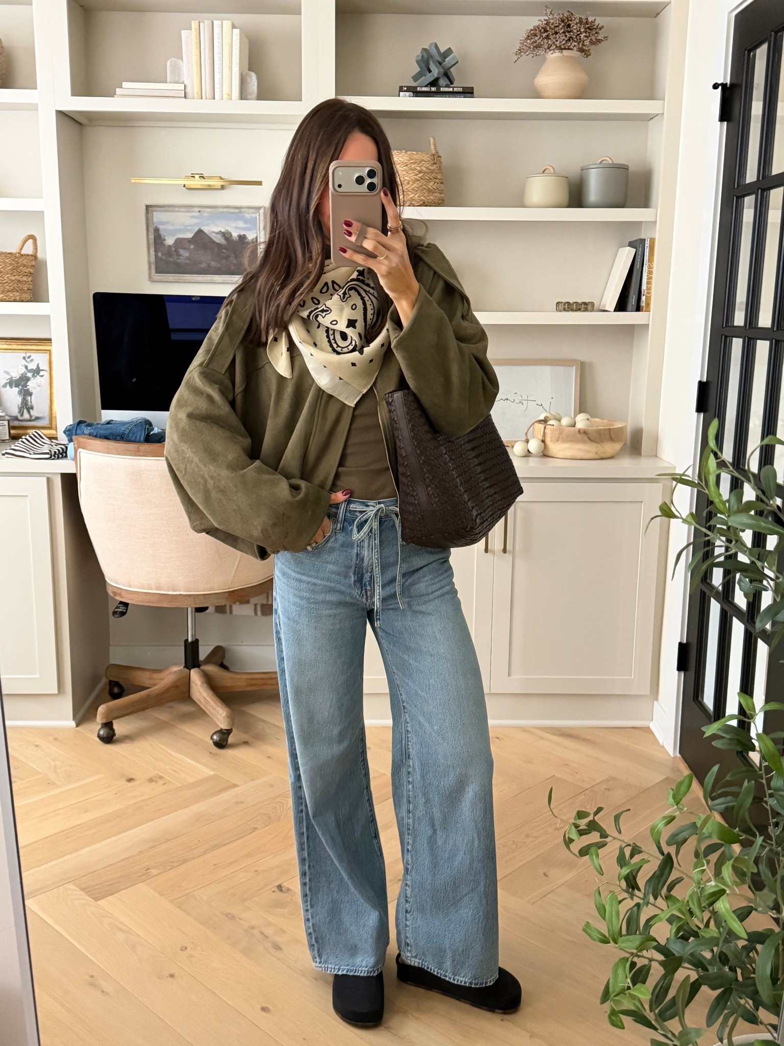Yesterday’s outfit! 

Suede jacket: true to size (wearing a M but a S would be best fit) 
Ribbed mockneck long sleeve shirt: true to size (S) 
Drawstring jeans: true to size (26) 5’7” 
Clogs: size down 1 (these are machine washable)!

Amazon fashion outfit / 2026 spring outfit ideas / bandana 

#LTKootd