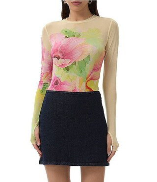 Kaylee Floral Print Crew Neck Long Sleeve Mesh Top | Dillard's