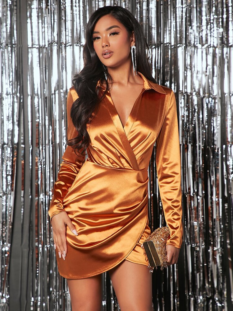 SHEIN Ruched Wrap Hem Satin Dress | SHEIN