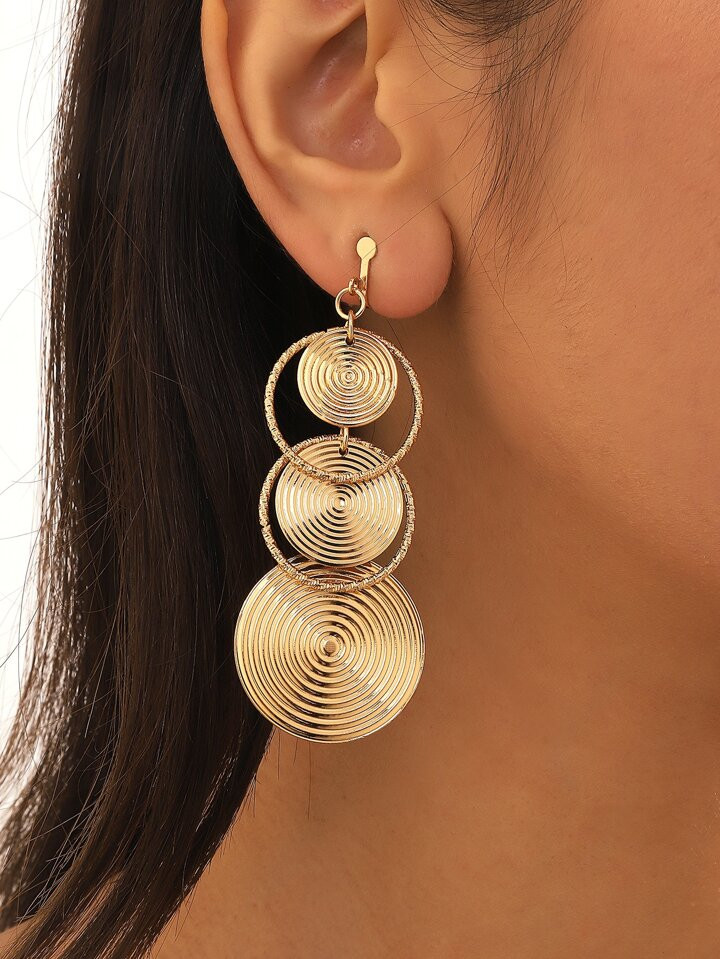 1pair Metal Circle Design Multi-layer Pendant Clip-on Earrings, Fashionable Vintage Statement Ear... | SHEIN