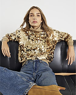 Gold Knitted Roll Neck Sequin Jumper | River Island UK & IE