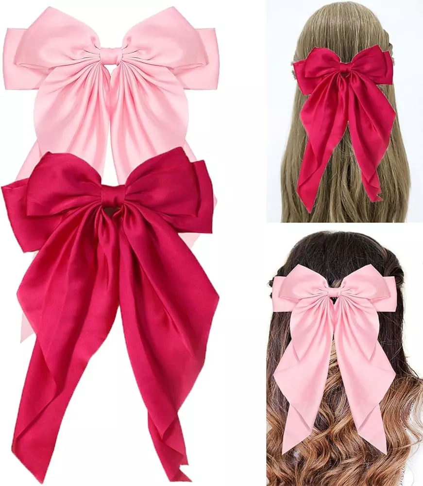 Furling Pompoms Bow Hair Clips with Long Tail 2pcs Hair Ribbon