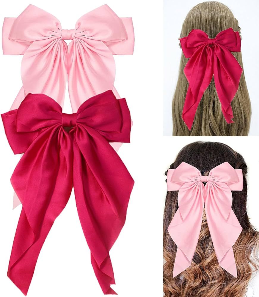 2 Pcs Hot Pink Satin Hair Bows,Large Pink Hair Bow Clips for Women Big Ribbon Bows Hair Clip Hair... | Amazon (US)