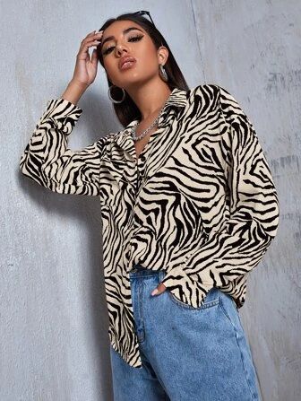 SHEIN EZwear Zebra Striped Drop Shoulder Shirt | SHEIN