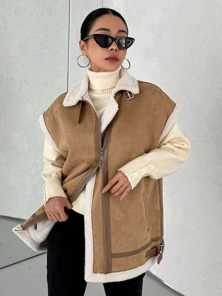DAZY Contrast Binding Zipper Vest Jacket | SHEIN
