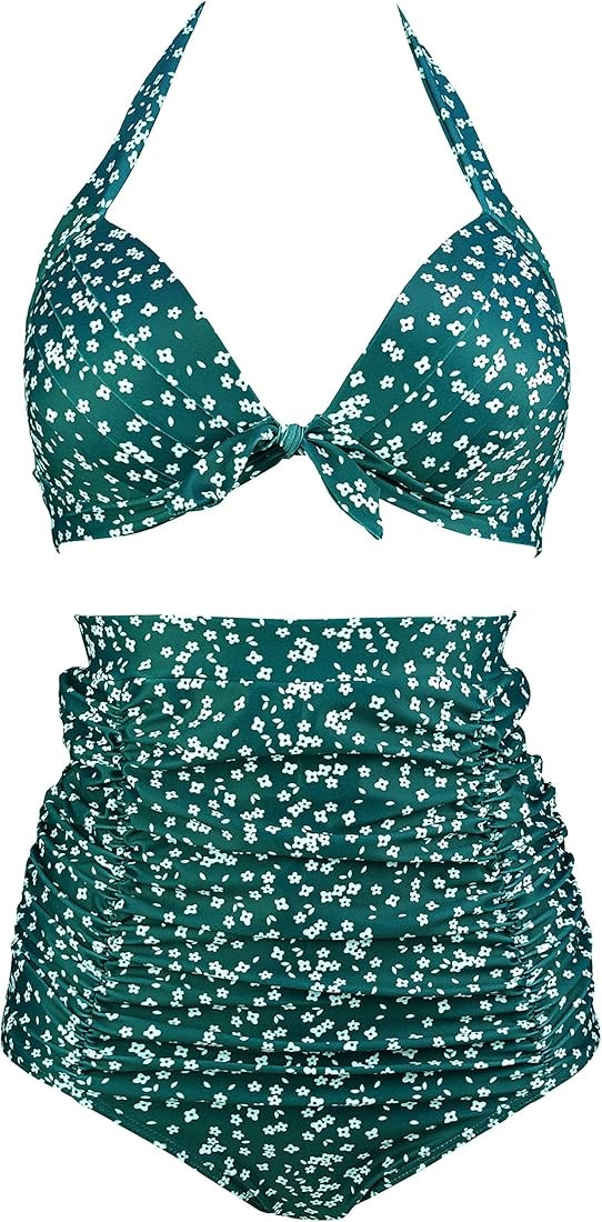 COCOSHIP Retro 50s Black Pink Blue Floral Halter High Waist Bikini Set Halter Carnival Swimsuit(F... | Amazon (US)