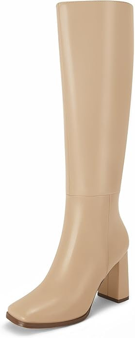 Coutgo Womens Wide Calf Knee High Boots Chunky High Heel Square Toe Fashion Leather Shoes with Si... | Amazon (US)