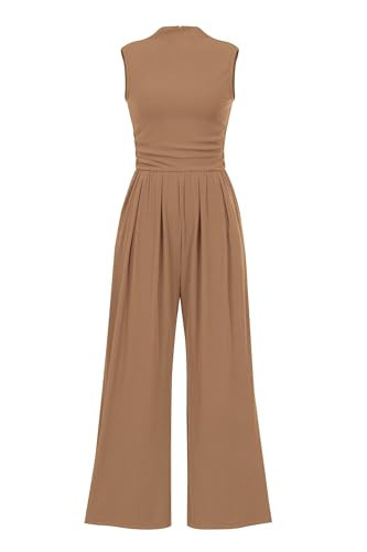 PRETTYGARDEN Womens Summer Jumpsuits Dressy Casual One Piece Outfits Sleeveless Mock Neck Wide Leg Pants Rompers with Pockets (Camel,Medium) | Amazon (US)