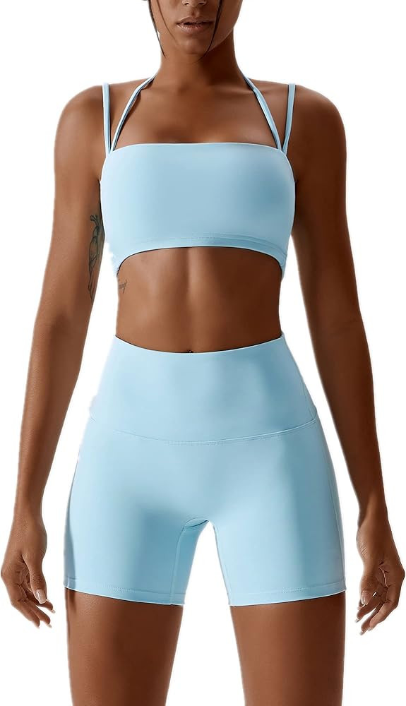 ABOCIW Workout Sets for Women 2 Piece Twist Front Halter Sports Bras High Waist Booty Shorts Exer... | Amazon (US)