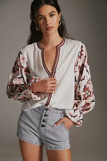 Embroidered V-Neck Blouse | Anthropologie (US)