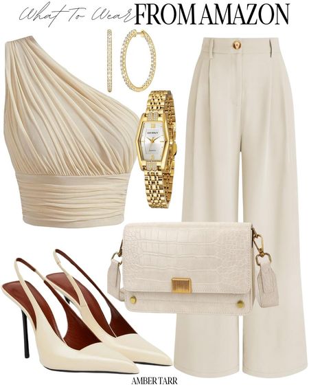 Cream outfit with gold accessories and cream sling back pumps. An affordable chic outfit from Amazon. 

#LTKfindsunder100 #LTKfindsunder50 #LTKover40