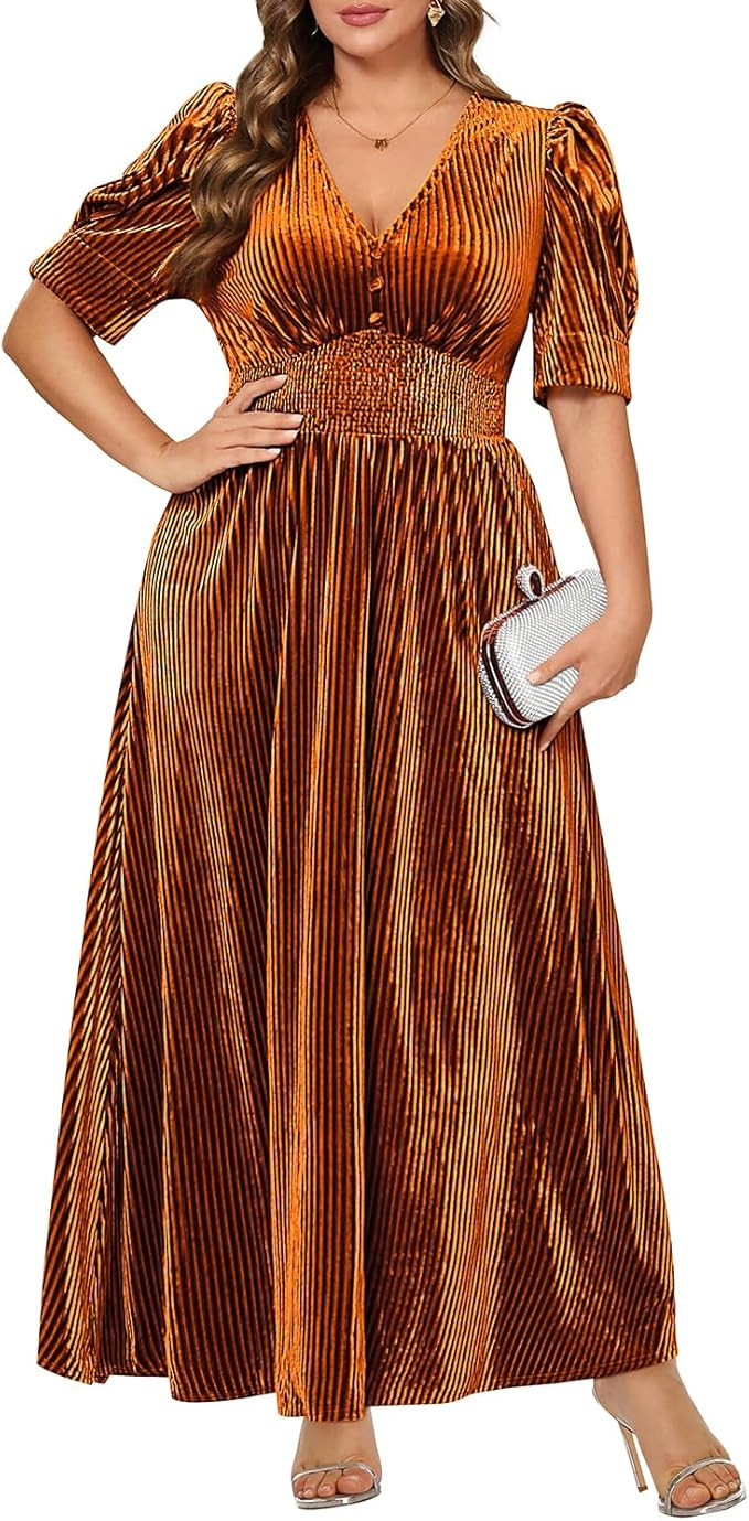 Pinup Fashion Velvet Wedding Guest Dress - Fall Formal Holiday V Neck Empire Waist Long Dresses | Amazon (US)