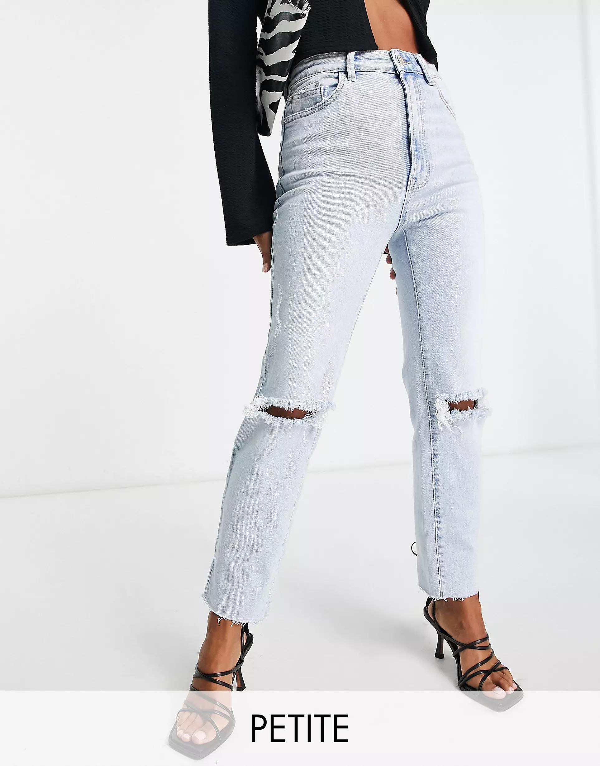 Stradivarius Petite slim mom jeans with stretch and rips in vintage blue | ASOS (Global)
