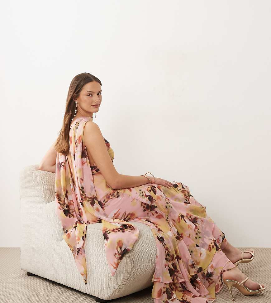 ASOS DESIGN Tall halter maxi dress with scarf detail and ruffle hem in floral print-Multi | ASOS (Global)