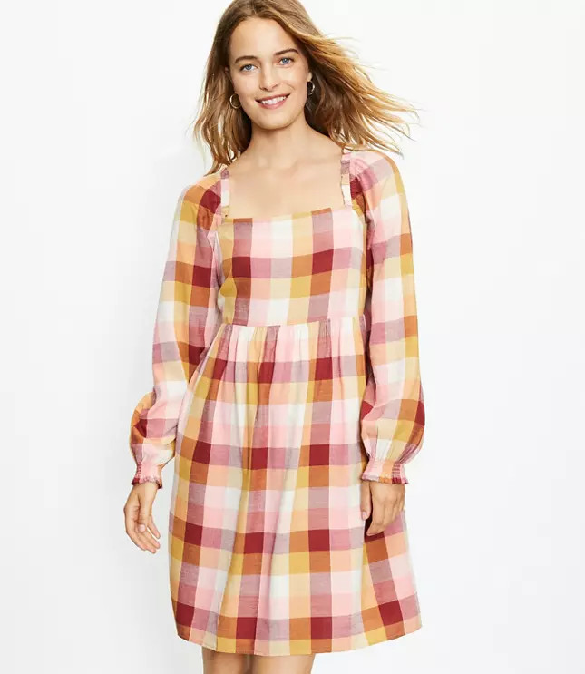 Plaid Square Neck Babydoll Dress | LOFT