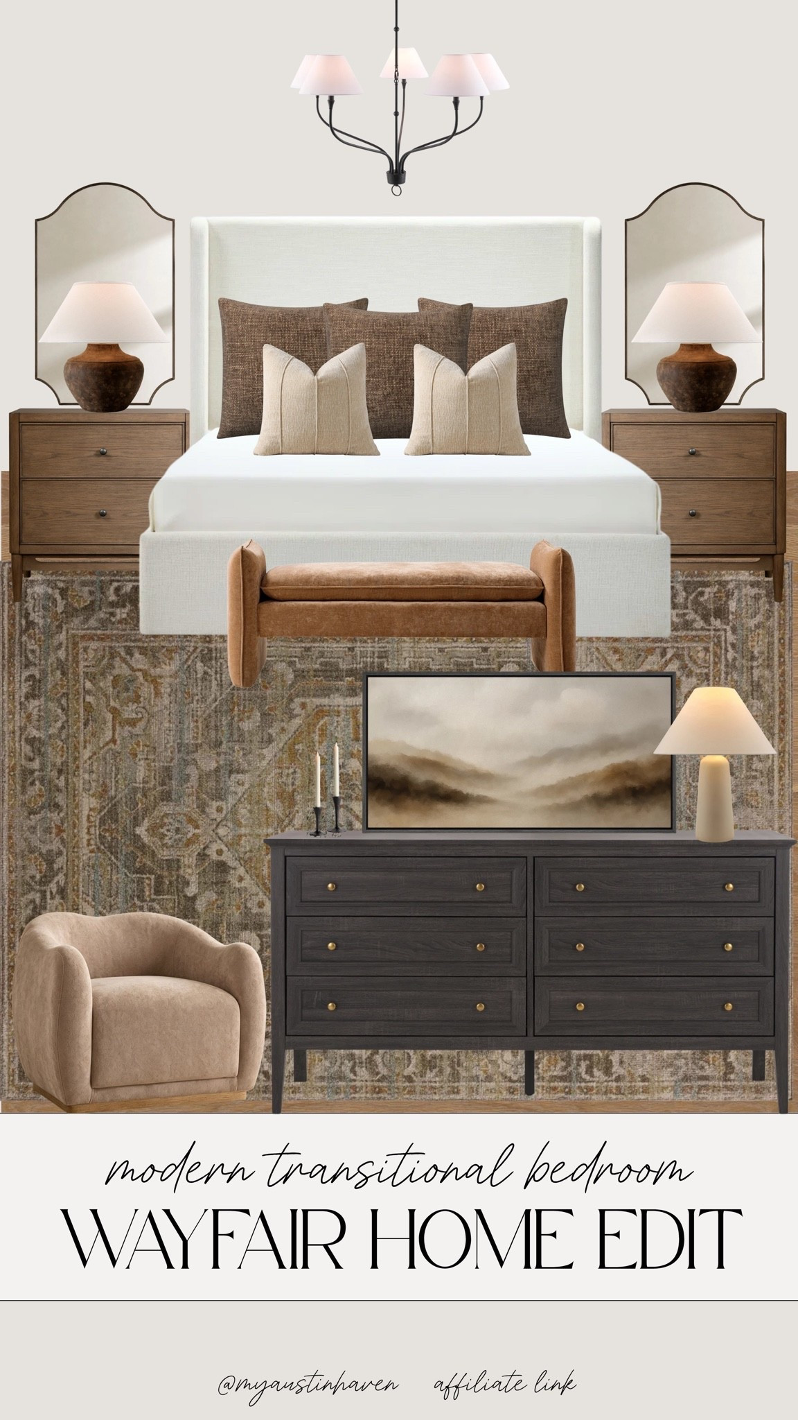 A warm, modern transitional bedroom with so many beautiful Wayfair finds. 🤎 Layered neutrals, rich wood tones and timeless furniture make this space feel elevated, cozy and collected.

Wayfair home, bedroom decor, modern transitional bedroom, neutral bedroom, bedroom furniture, upholstered bed, wood nightstands, bedroom rug, accent chair, dresser, bedroom lighting, elevated home decor, cozy bedroom

#wayfair #wayfairfinds #bedroomdecor #moderntraditional #neutralhome #bedroominspo #homedecorfinds #cozyhome #interiordesign #homestyle