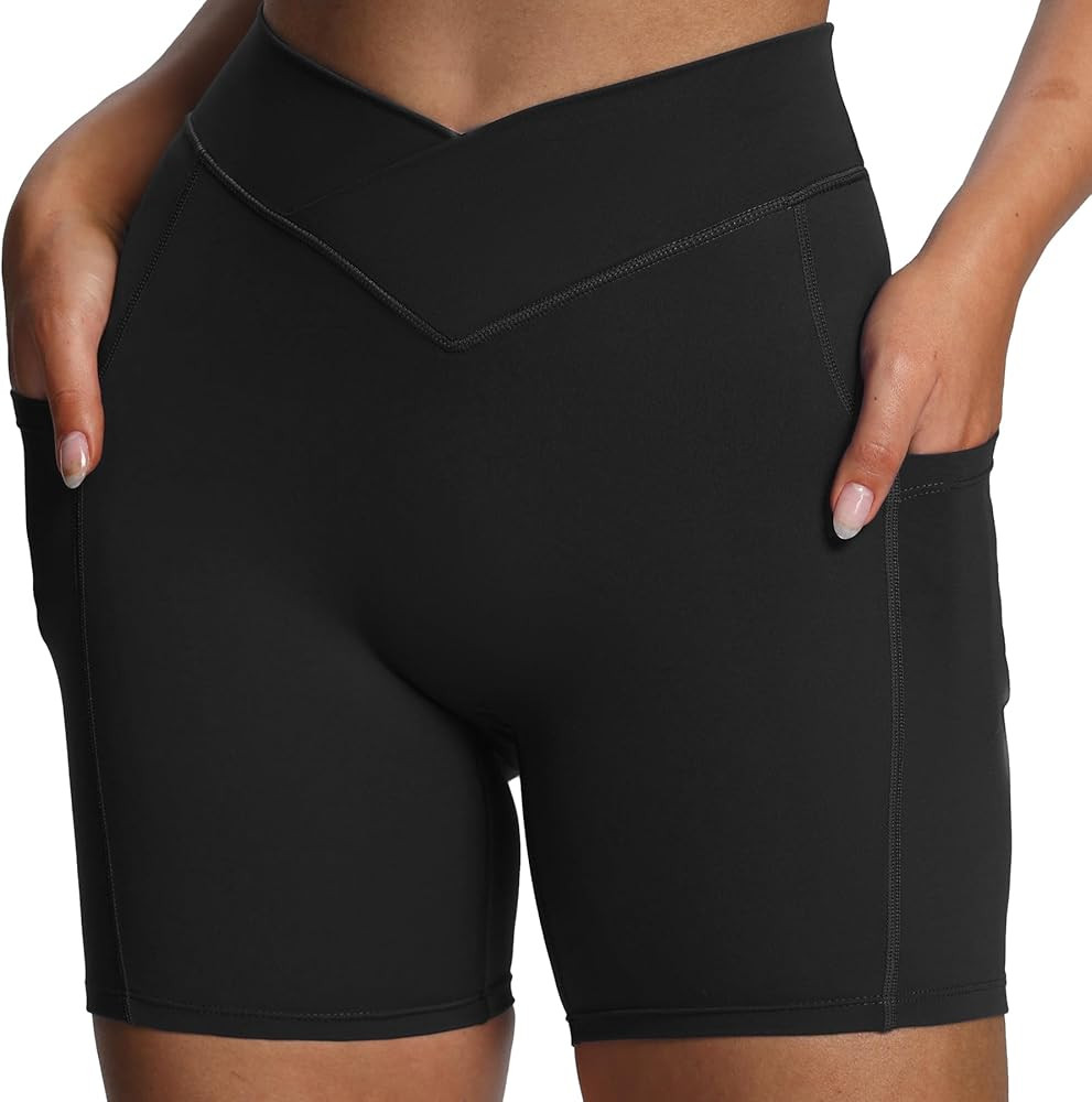 Aoxjox Polly Workout Biker Shorts with Pockets for Women Crossover High Waisted Hidden Scrunch Gy... | Amazon (US)
