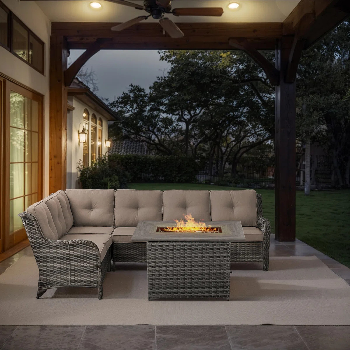 Dahlyla 6 - Person Outdoor PE Wicker Sectional Seating Group with Fire Pit and Cushions | Wayfair North America