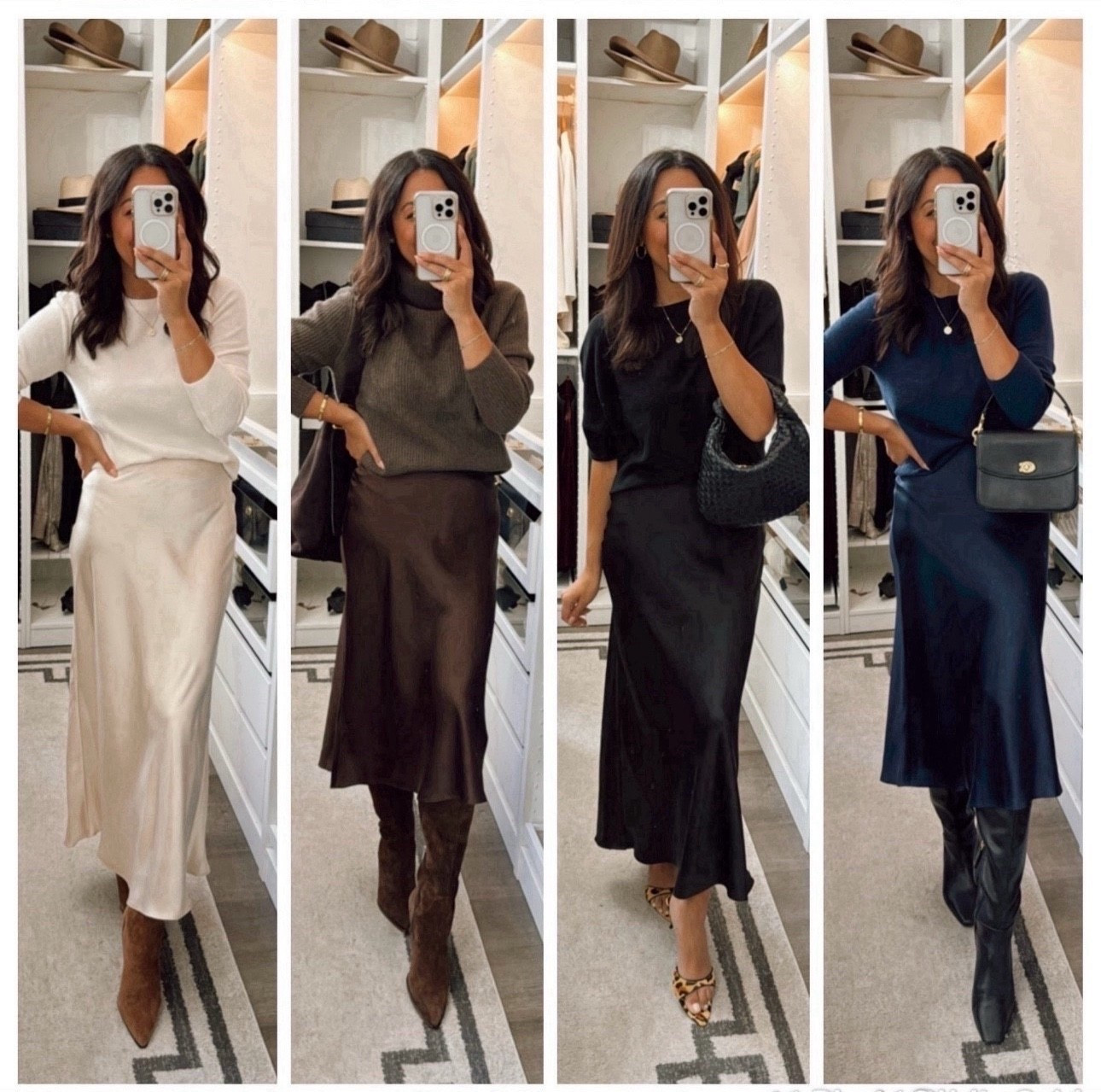 Cashmere and slip skirts! Easy way for a monochromatic look 
Ivory and navy are the $50 Mongolian Cashmere sweater- TTS, size up 1 for a relaxed fit 
The brown cashmere turtleneck is pretty much what I  live in during cold season😝
The black cashmere sweater has a dolman fit- super comfortable! 

#LTKOver40 #LTKStyleTip