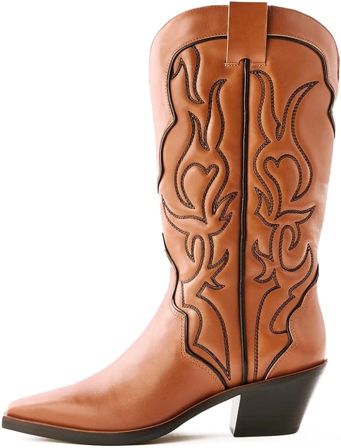 Yolkomo Western Cowboy Boots for Women Wide Calf Low Heel Distressed Cowgirl Boots | Amazon (US)