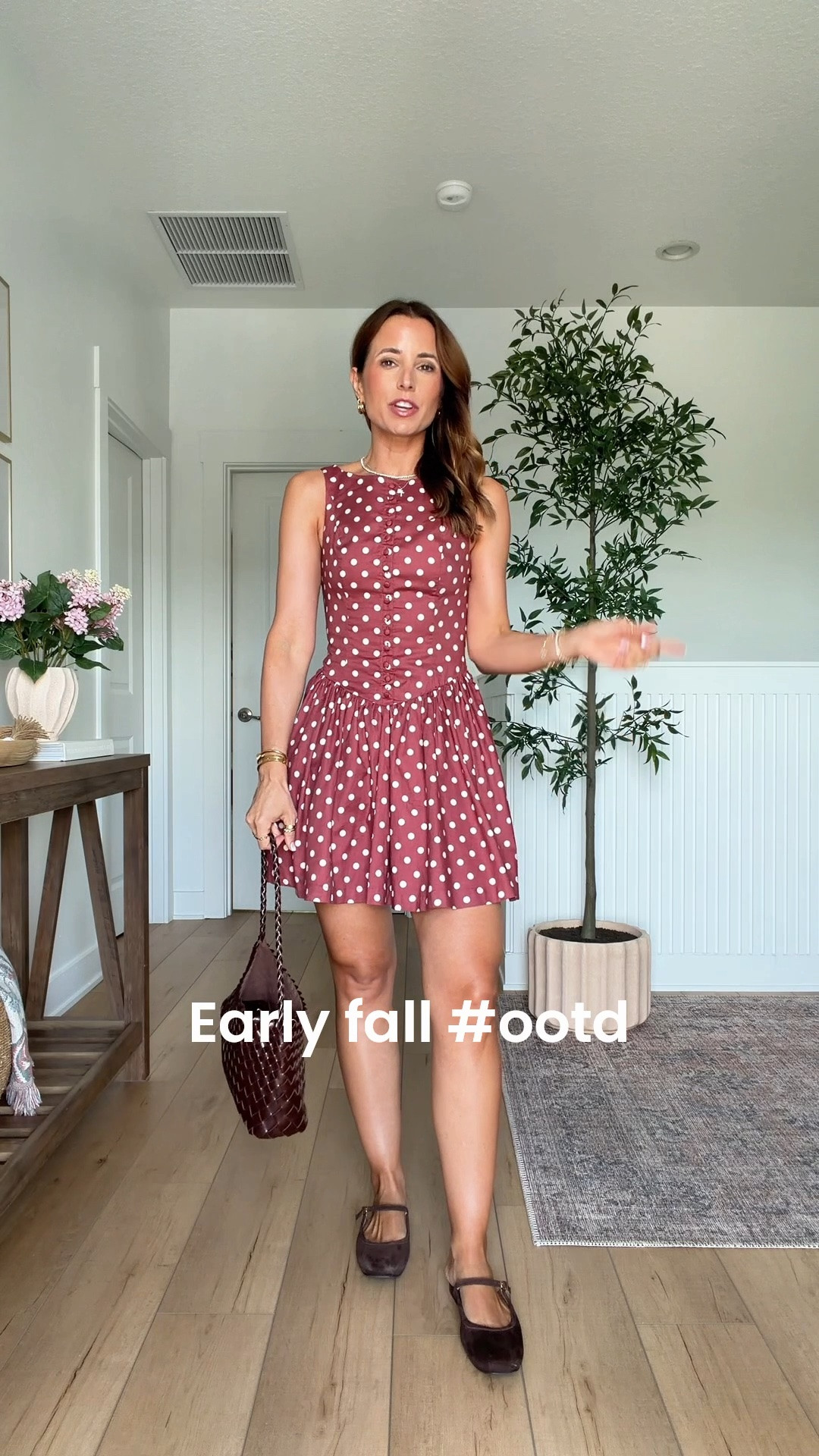 My early fall outfit of the day! XXS regular in polka dot dress. Ballet mules are TTS. I love this woven purse for fall. Comes with a removable pouch! Elevated casual outfit of the day. Mom outfit. Fall dress. Fall style. Summer dress. Summer outfit.

#LTKootd #LTKgrwm #LTKPetite