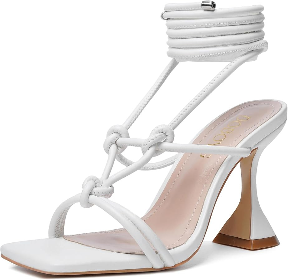 DOBOYG Lace Up Heels for Women, Square Toe High Heel Wrap Up Heeled Sandals Tie Up Strappy Heels ... | Amazon (US)