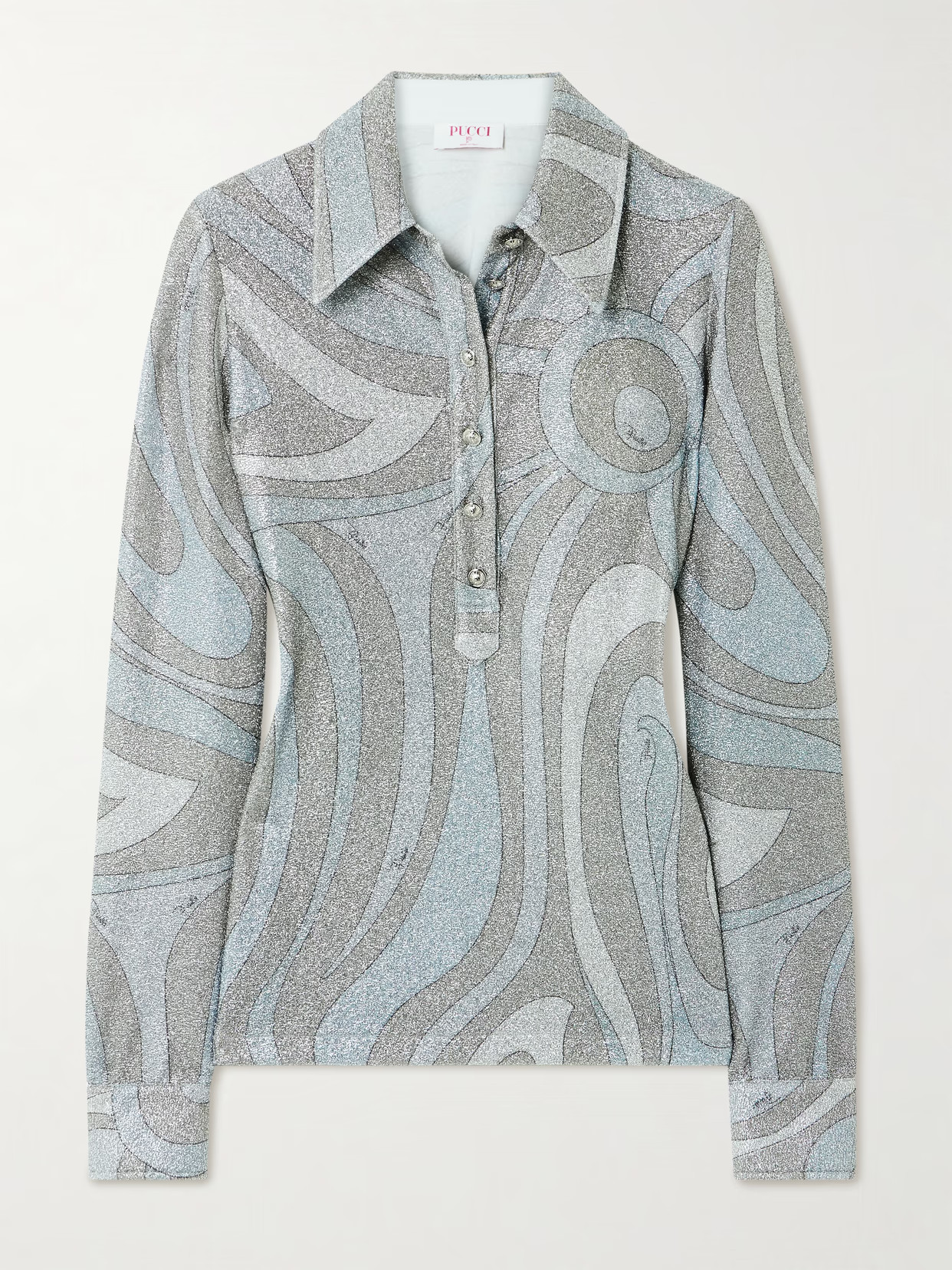 PUCCI - Printed Metallic Jersey Polo Shirt - Silver | NET-A-PORTER (US)