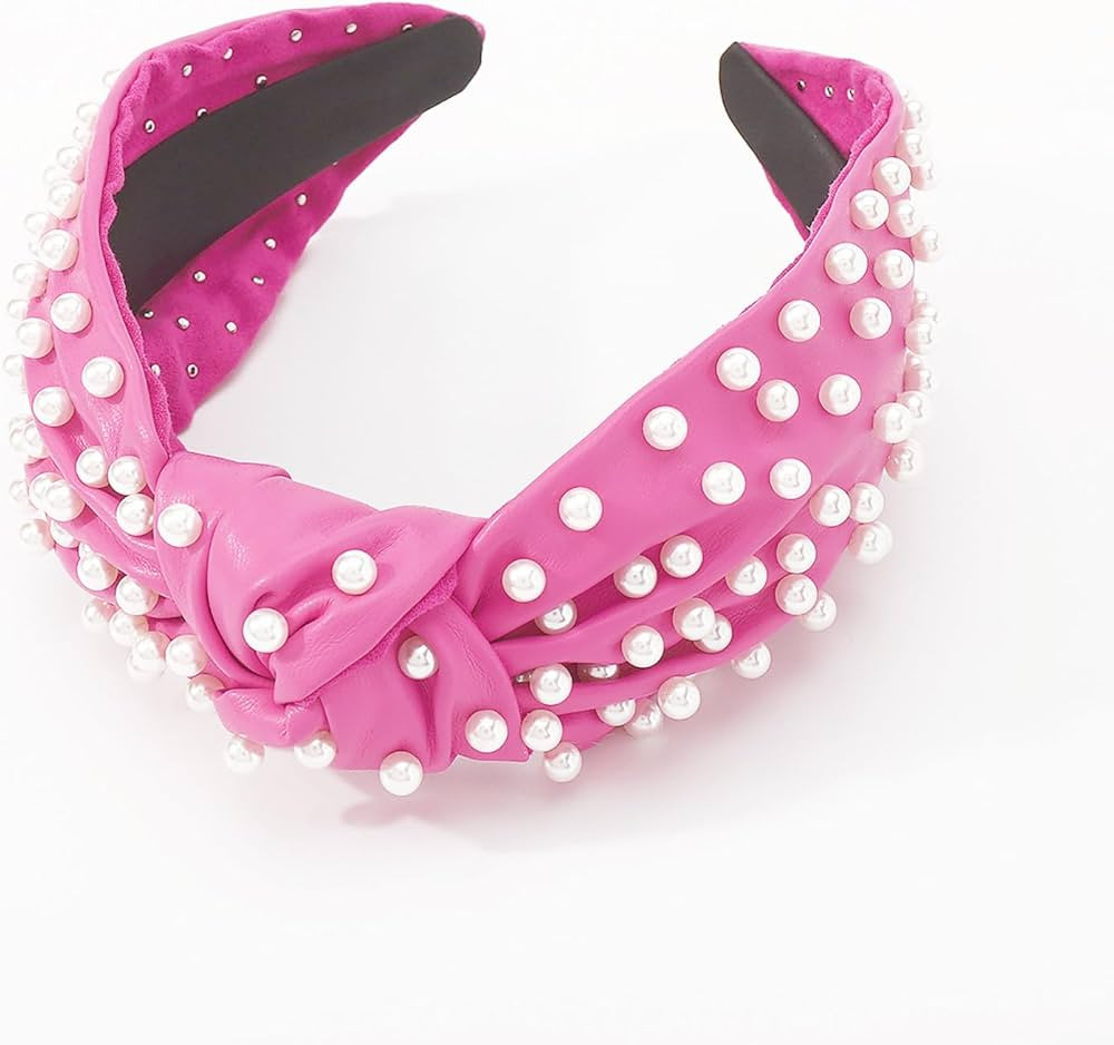 Pearl Knotted Women Headband Pink Leather White Beaded Luxury Pearly Hair Band Summer Fashion Wid... | Amazon (US)