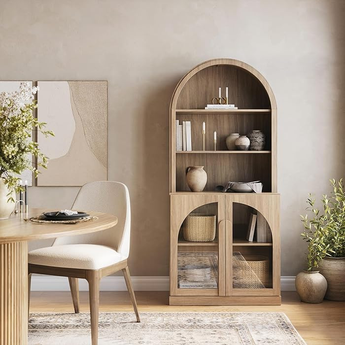 BELLEZE Arched Bookshelf with Glass Doors, 71" Tall Wood Display Cabinet with Adjustable Shelf an... | Amazon (US)