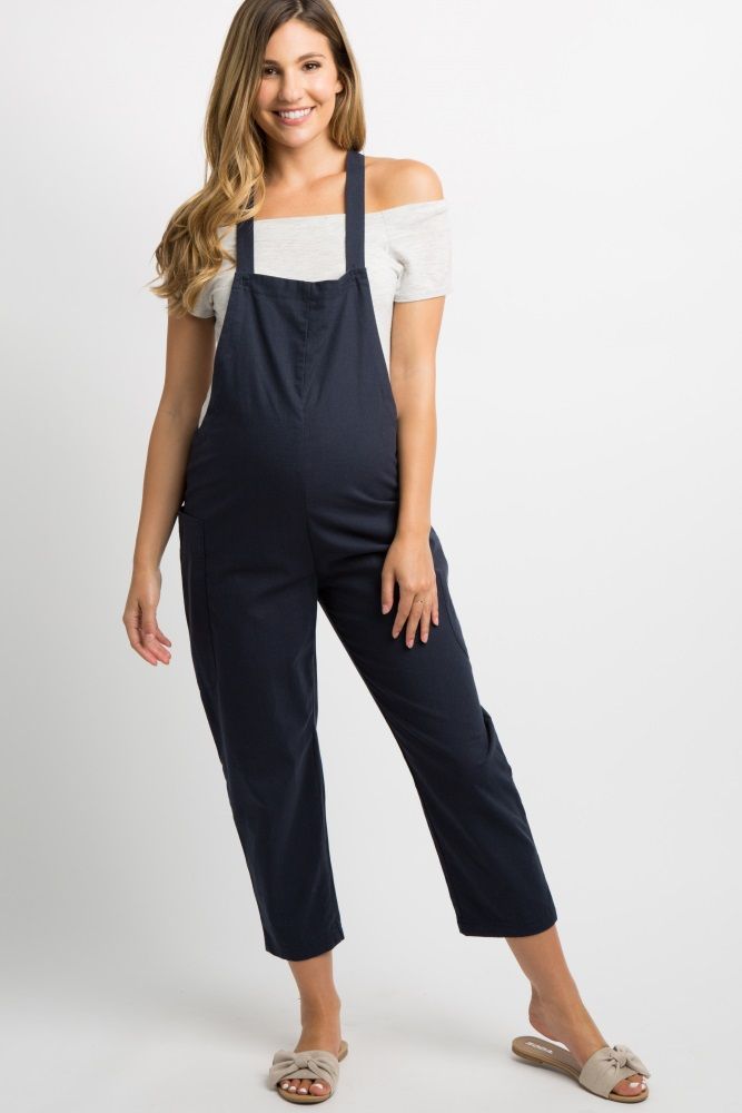 Navy Blue Linen Side Pocket Maternity Overalls | PinkBlush Maternity