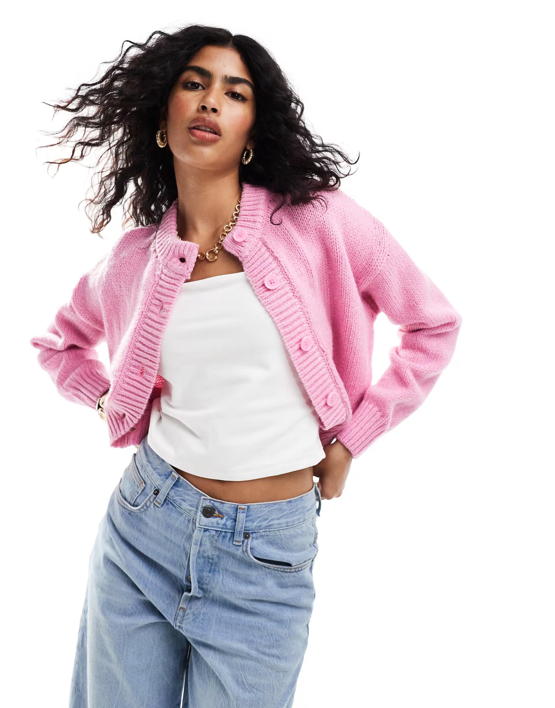 ASOS DESIGN crop crew neck cardigan in pink | ASOS | ASOS (Global)