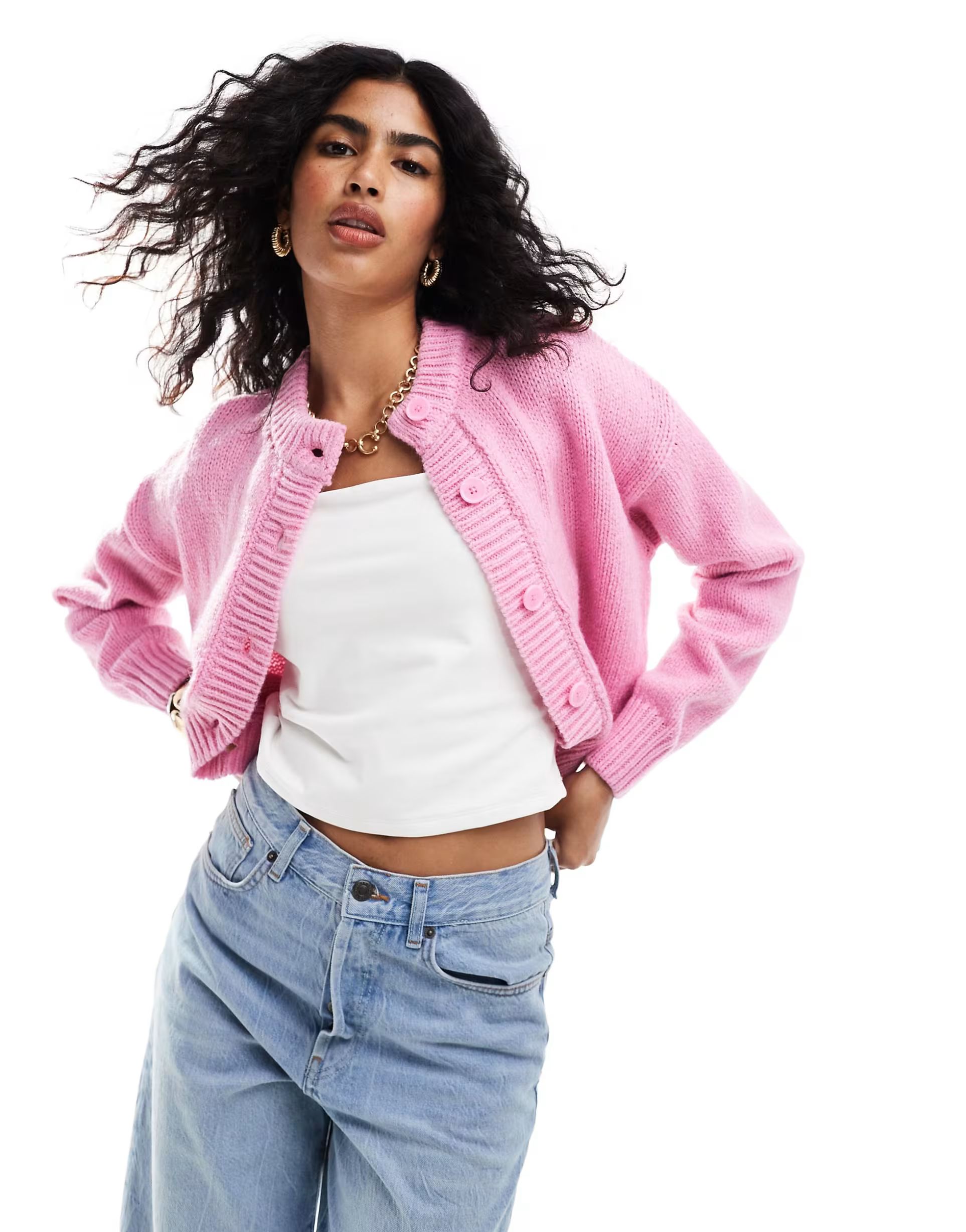 ASOS DESIGN crop crew neck cardigan in pink | ASOS (Global)