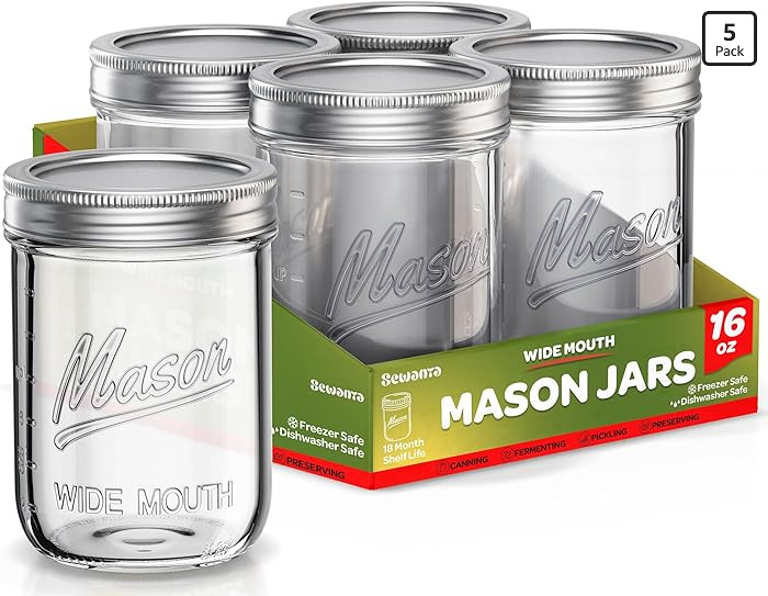 SEWANTA Wide Mouth Mason Jars 16 oz [5 Pack] With Mason Jar Lids and Bands, Mason Jars 16 oz - Fo... | Amazon (US)