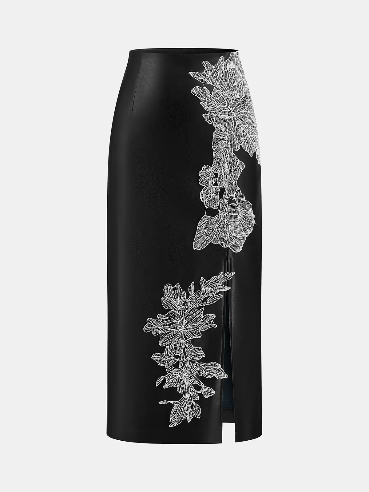 Floral Embroidered Slit PU Midi Skirt | Commense
