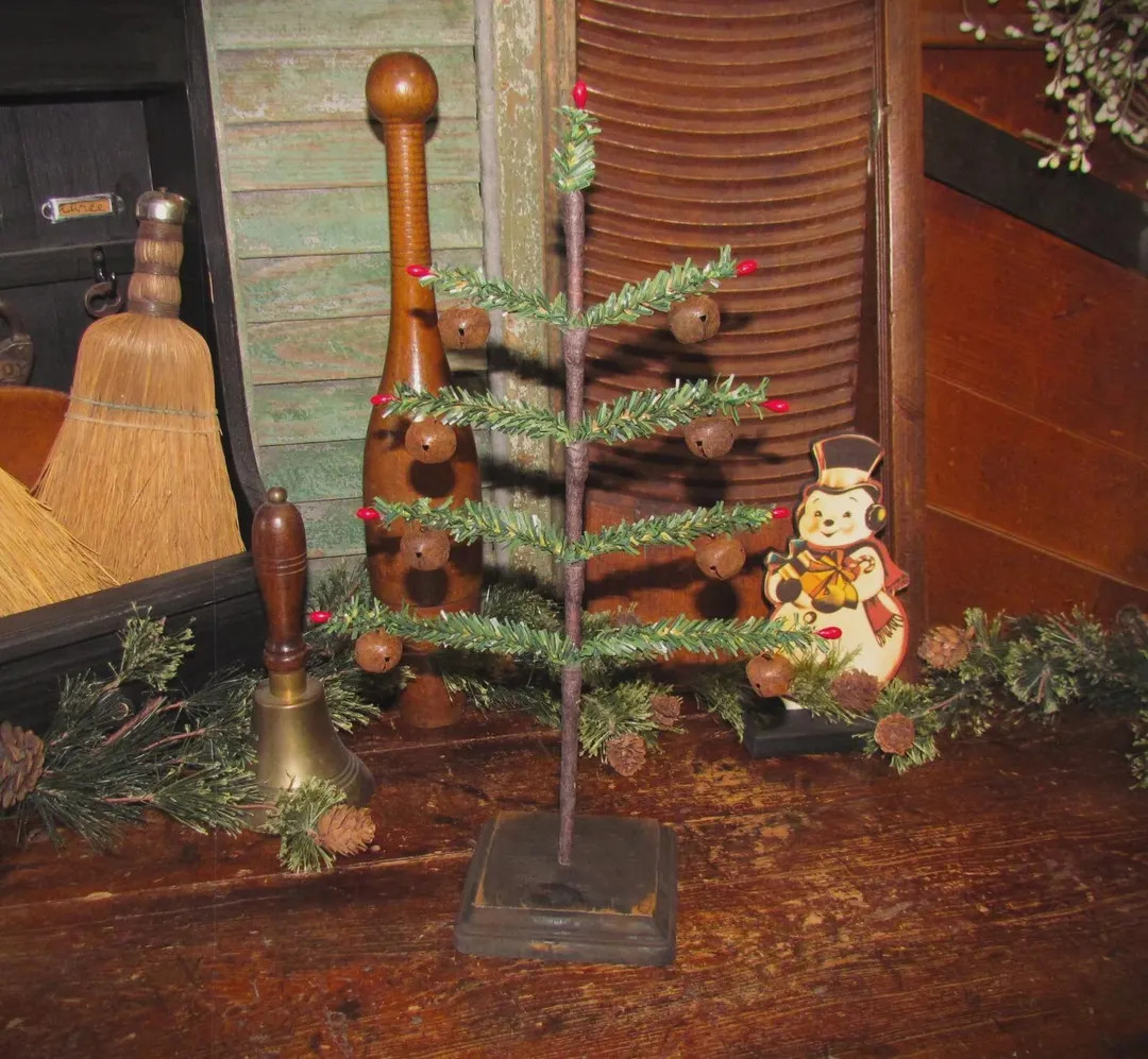 Primitive Antique Vtg Feather Style 14" Retro Wooden Christmas Jingle Bell Tree Made in USA - Ets... | Etsy (US)