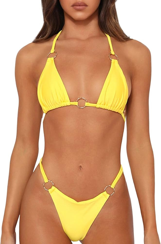 Sexy Bikinis for Women 2 Piece Bikini Spaghetti Strap Swimsuits Solid Color Bathing Swimwear Tria... | Amazon (US)