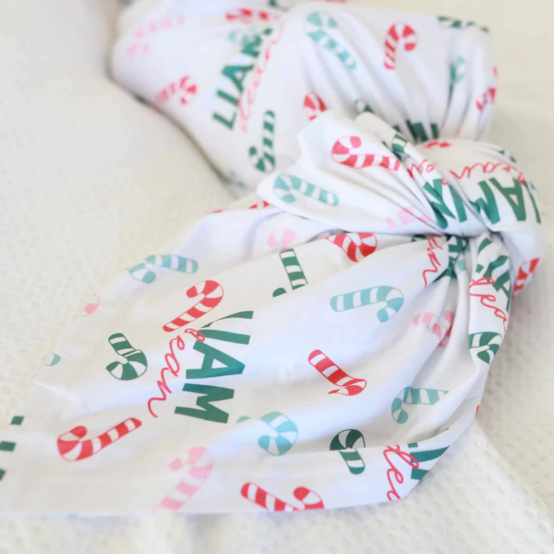 Colorful Candy Canes Personalized Swaddle Blanket | Caden Lane