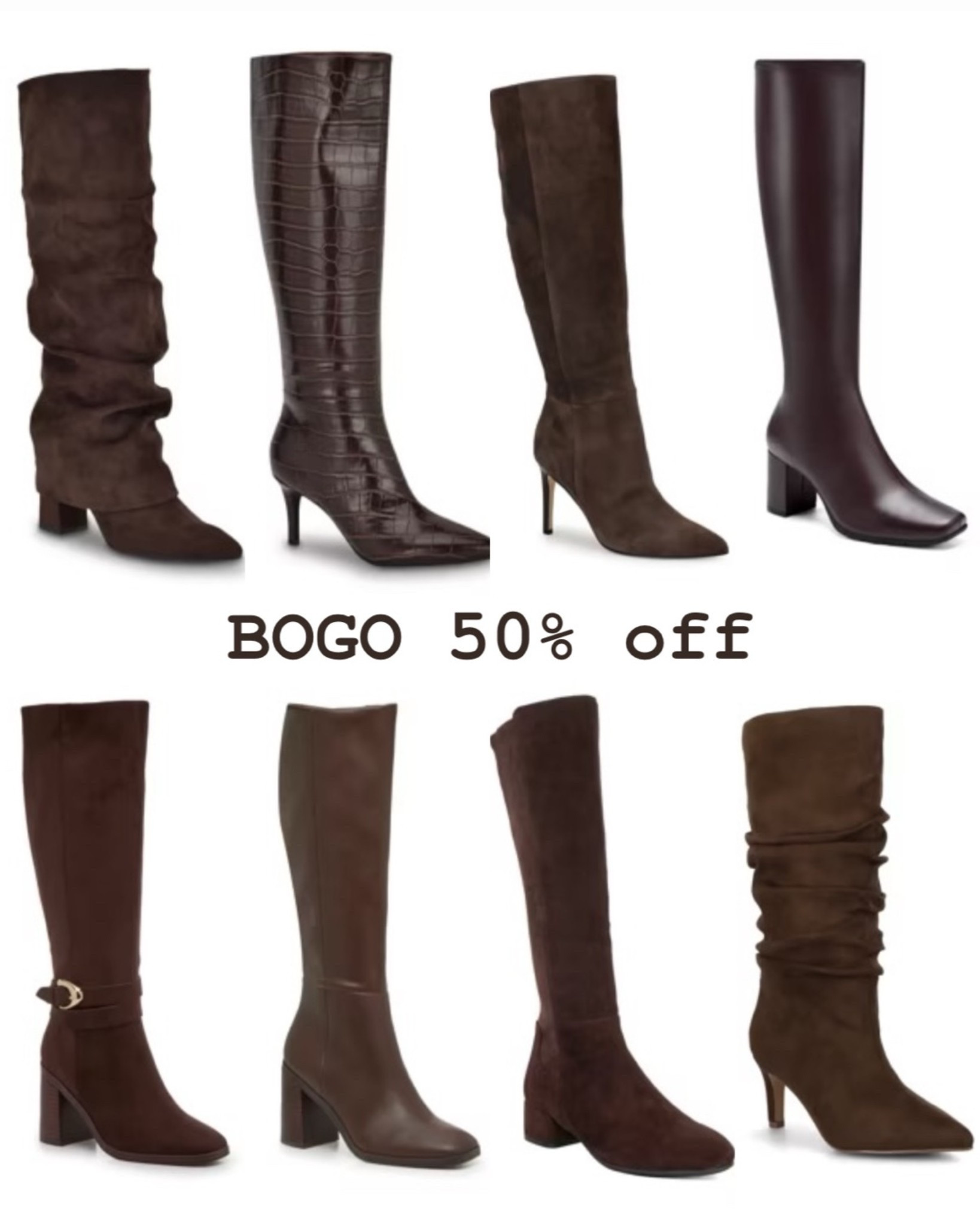 Dark brown heeled boots, flat boots, riding boots. Perfect for any fall outfit on sale buy one get one 50% off this weekend.